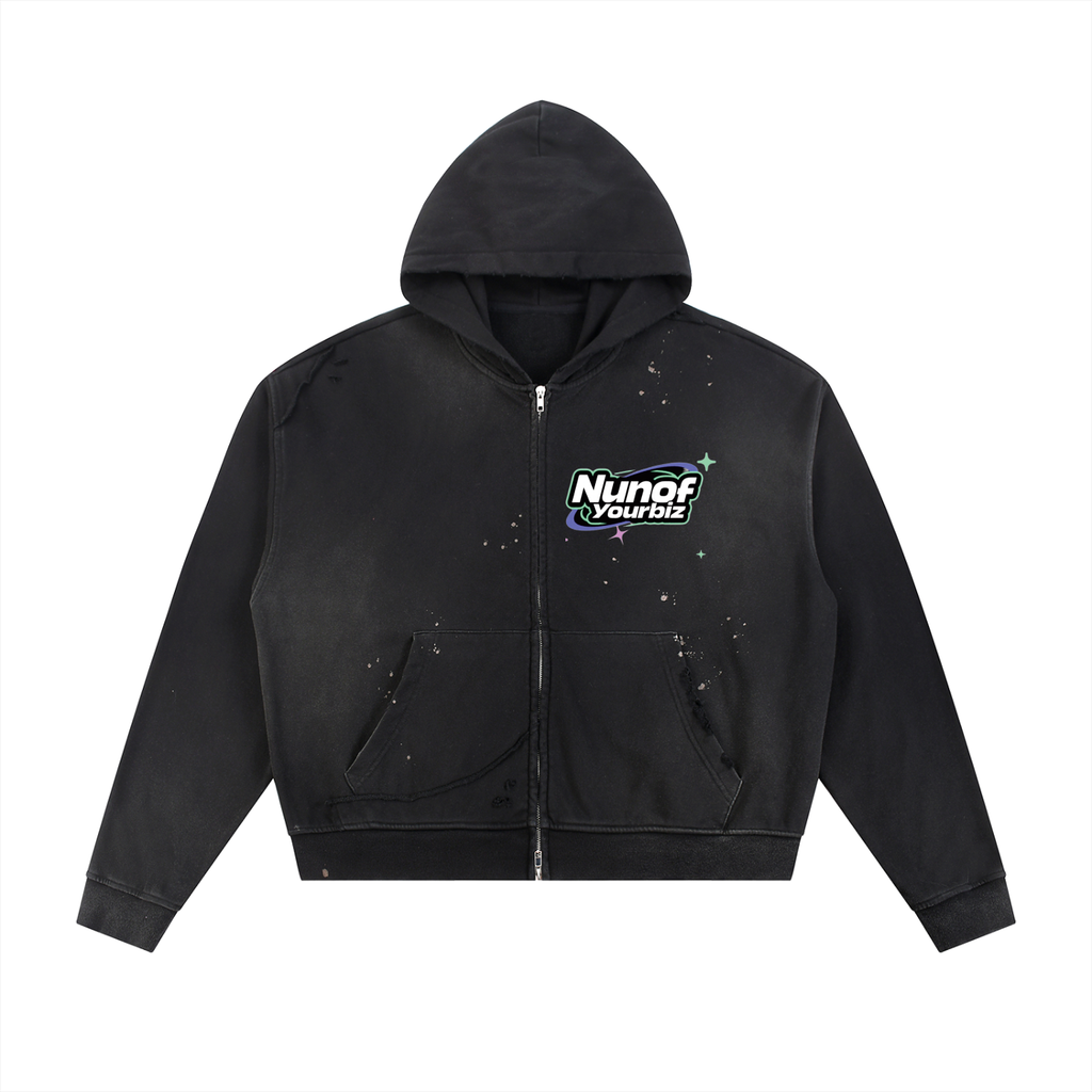 Sun Fade Frayed Raw Edge Fleece Zip Hoodie